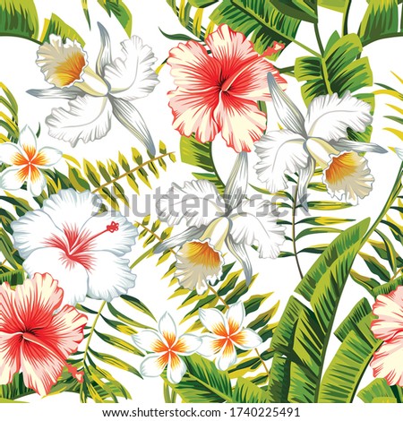 Tropic summer flower hibiscus, lily and orchid Seamless vector pattern with palm banana leaf and plants. Composition with flower jungle background. Hand drawn fashion bunch exotic flower wallpaper.