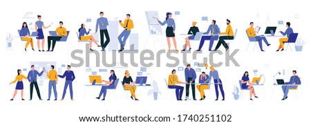 Office work moments flat set with project presentation coffee break brainstorm teamwork discussion scenes vector illustration