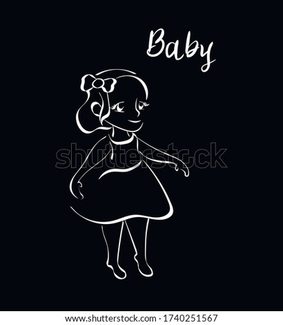 Girl, baby vector ,chalk character isolated on black background. Concept for logo, print, cards 