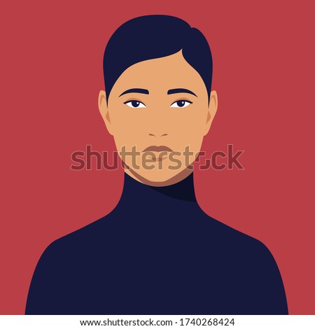 Portrait of young asian man. Portrait of serious student. Avatar of eastern guy for social networks. Abstract male portrait, full face. Stock vector isolated illustration in flat style.