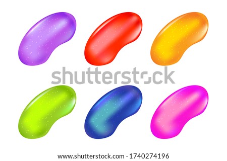 Jelly beans candies isolated on white background. Set, collection of cute colorful jellybeans. Assortment of variety color fruit gelatin jelly beans. Candy packing design. Stock vector illustration