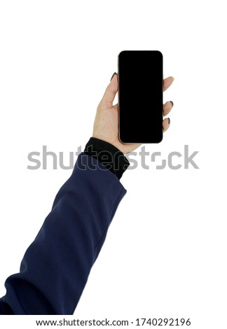 Isolate a business woman hand with navy long sleeve suit holding a mobile phone on white background.