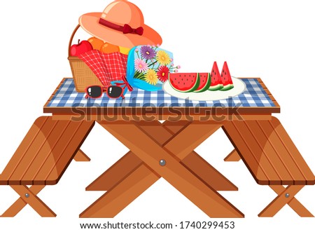 Picnic table with fruits and flowers on white background illustration