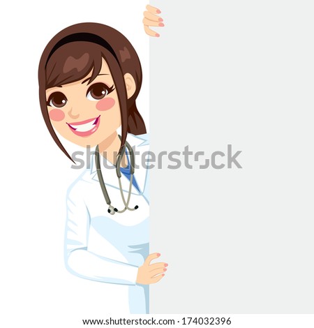 Beautiful happy professional female doctor peeking out of a blank billboard