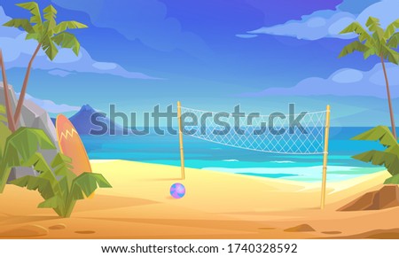 Beautiful view of the tropical beach with a volleyball net and a ball. Flat Design Style.