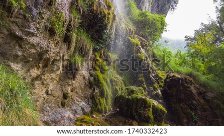 rock waterfall in a natural cave in the woods