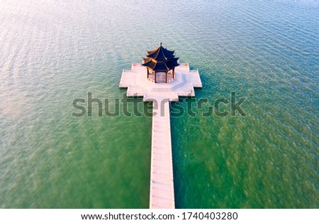 Aerial photography of Lake Pavilion at Jinji Lake in Suzhou City, Jiangsu Province, China