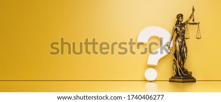 The Statue of Justice - lady justice or Iustitia / Justitia the Roman goddess of Justice with question mark in front of a yellow color wall background