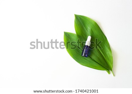 Blue dropper glass with moisturizing serum with tropical green leaves flat lay on white background top view copy space. Beauty skincare, natural herbal cosmetic, daily products. Stock photo