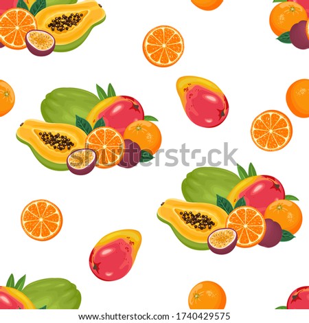 Seamless pattern with pile of tropical fruits isolated on white. Vector illustration of papaya, orange, passion fruit, mango and green leaves in cartoon flat style. Organic food background.