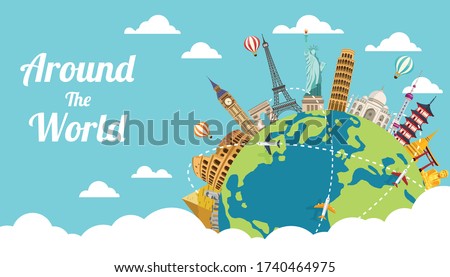 Business travel with famous world landmarks. Concept website template. Road trip. Journey and Tourism. Vector illustration modern flat design.  Royalty-Free Stock Photo #1740464975