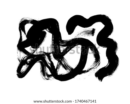 Vector black paint, ink brush stroke or swirls shape. Dirty grunge design wavy element or background for text. Grungy black smear and rough stain. Hand drawn ink illustration isolated on white.