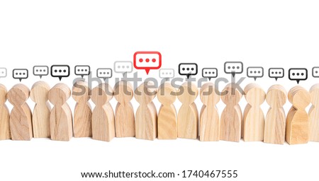 People figures with comment clouds above their heads. Communication in civil society. Cooperation and Collaboration. Commenting on feedback, participation in discussion. Brainstorming, fresh new ideas Royalty-Free Stock Photo #1740467555