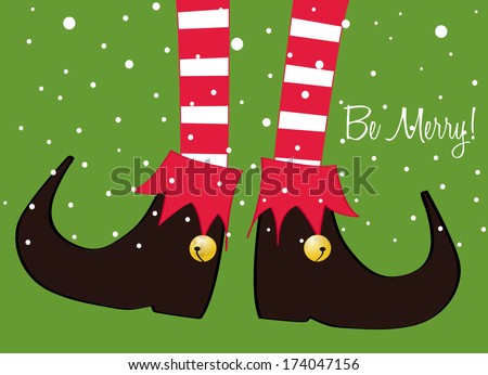 merry christmas greeting card, christmas cartoon elf's legs on green background 