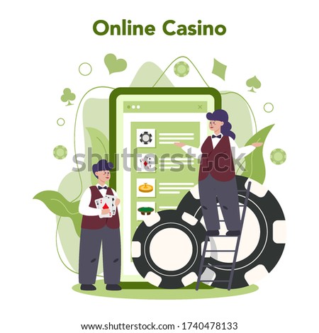 Croupier concept. Dealer in casino near roulette table. Person in uniform behind gambling counter. Casino game business. Online casino. Isolated vector illustration
