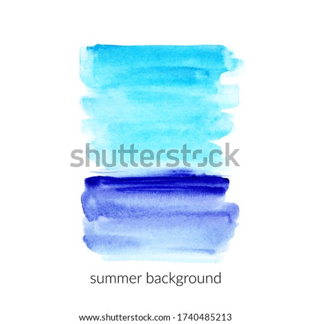 Hand darwn watercolor wash in blue colors. Lignt blue sky and deep blue sea. Summer vacation card background.