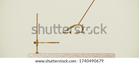 Cosmetic background for product presentation. Beige stone podium with brass screw clip on beige background. 3d rendering illustration.