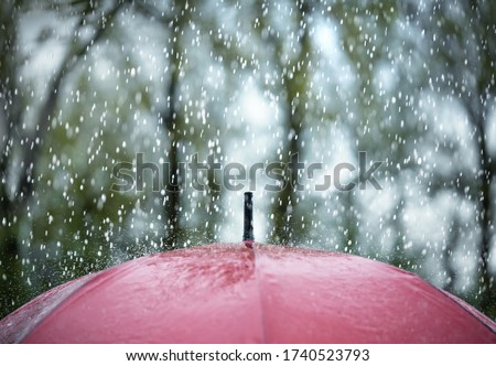 Close up of an umbrella on a rainy day with copy space
