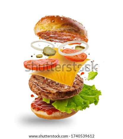 Burger with flying elements. Delicious burger with flying ingredients isolated on white background. Flying Burger Slices Royalty-Free Stock Photo #1740539612