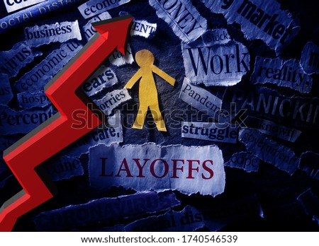 Paper cutout man with Layoffs headline and up arrow, surrounded by Coronavirus and economic related news Royalty-Free Stock Photo #1740546539