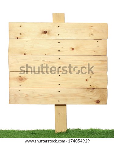 Wooden sign isolated on white. Wood old planks sign on the green grass