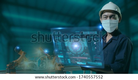 new normal Futuristic Technology in smart automation industrial concept using artificial intelligence, machine learning, digital twin, 5g, augmented mixed virtual rality, robot in corona virus spread Royalty-Free Stock Photo #1740557552