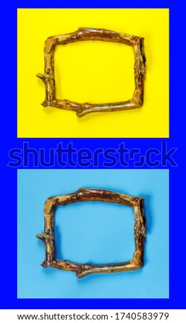 Two vintage wooden frames in rustic style on bright blue wall.
 Beautiful collection with pantone on light background.