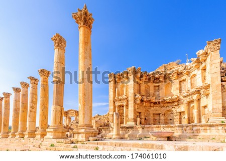 Nymphaeum in the Roman city of Gerasa, preset-day Jerash, Jordan. It is located about 48 km north of Amman. Royalty-Free Stock Photo #174061010