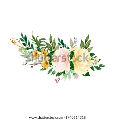 Watercolor handdrawn isolated yellow and pink flowers and green branches bouquet. Herbal greenery composition. For design logo, textile, Save the date, bridal invitation, postcard, greetings, Wedding