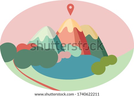 Flat illustration of mountains with the GPS checkpoint on the peak.  Icon for tourism, hiking recreation.