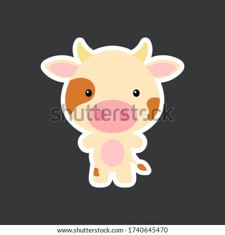 Cute funny baby cow sticker. Domestic adorable animal character for design of album, scrapbook, card, poster, invitation. Flat cartoon colorful vector illustration.