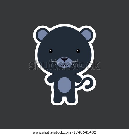 Cute funny baby panther sticker. Jungle adorable animal character for design of album, scrapbook, card, poster, invitation. Flat cartoon colorful vector illustration.