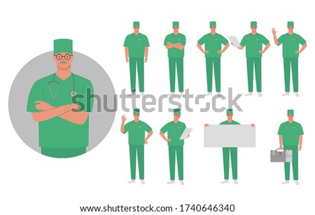 Vector flat illustration of doctor set with different poses and emotions