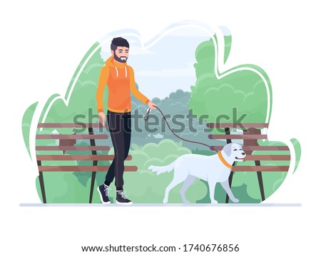 Smiling bearded man walking outdoors with a dog on a leash in a collar. Concept character with Labrador in urban park with woods on background. Pet walking. isolated vector illustration cartoon flat