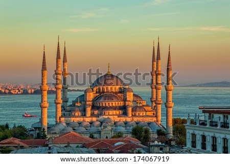 Blue mosque in glorius sunset, Istanbul, Sultanahmet park. The biggest mosque in Istanbul of Sultan Ahmed (Ottoman Empire). Royalty-Free Stock Photo #174067919