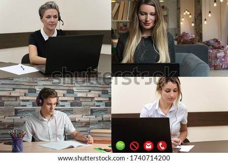 Team working by group video call, share ideas brainstorming negotiating use video conference, Online learning, distance education Royalty-Free Stock Photo #1740714200