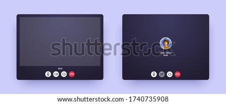 Video call zoom screen with picture and with only audio. Web interface of conference chat application with mic and video icon and blank place for your picture. Call window mockup for online business. Royalty-Free Stock Photo #1740735908
