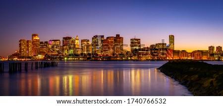 Panoramic Boston Night City Skyline and Sea Reflections the Mystic River