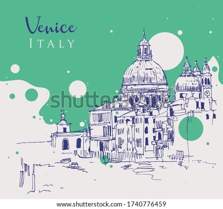 Drawing sketch illustration of the famous canals and the dome of the Basilica Santa Maria della Salute in Venice, Italy