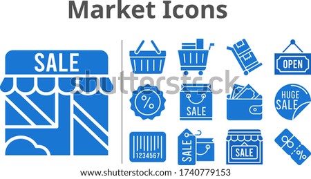 market icons set. included shopping bag, sale, shop, wallet, shopping cart, discount, shopping-basket, barcode, open, trolley icons. filled styles.