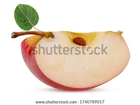 Red apple slice with green leaf isolated on white background. Clipping Path. Full depth of field.