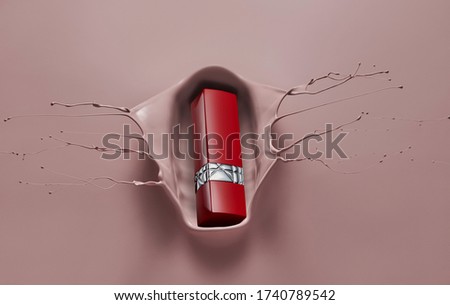 Advertising photography of red lipstick pink background liquid splash
