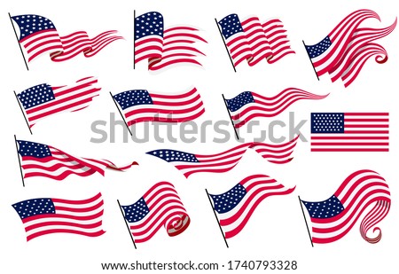 Collection waving flags of the United States of America. Illustration of wavy American Flags. National symbol, American flags on white background - vector illustration