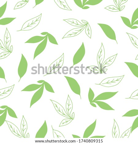 Botanical pattern.  An interesting combination of painted leaves with leaves depicted by the contour.  Elements of green are located on a white background.  Vector.