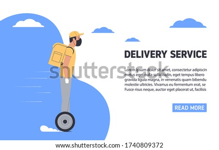 Coronavirus, quarantine delivery concept. Courier in medical mask on a hoverboard. Express delivery. Vector illustration