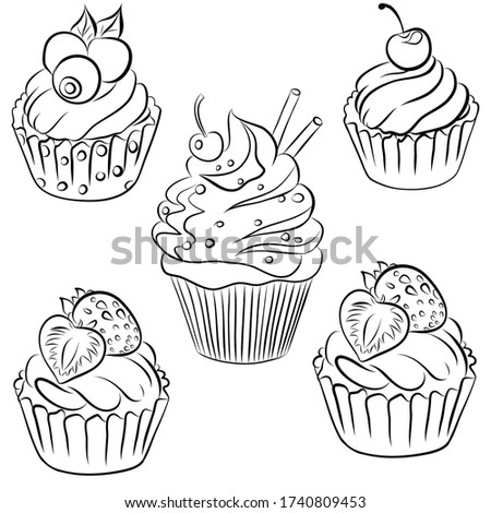 cupcake sketch set, vector illustration isolated on white background