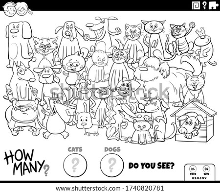 Black and White Illustration of Educational Counting Game for Children with Cartoon Funny Dogs and Cats Animal Characters Group Coloring Book Page