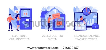 Smart home security, employee attendance monitoring. Electronic queuing system, access control system, time and attendance tracking system metaphors. Vector isolated concept metaphor illustrations. Royalty-Free Stock Photo #1740822167