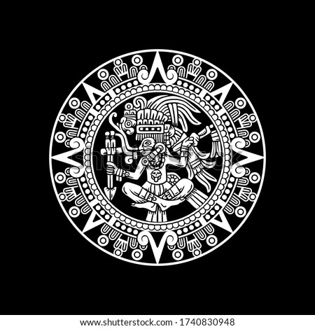 hand drawn aztec warrior medallion plaque, vector illustration Royalty-Free Stock Photo #1740830948
