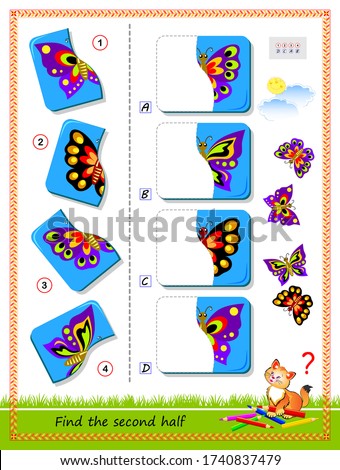 Logic puzzle for children. Find and draw second half of each butterfly. Educational page for kids. IQ test. Kids activity sheet. Online playing. Game task for attention. Flat illustration.